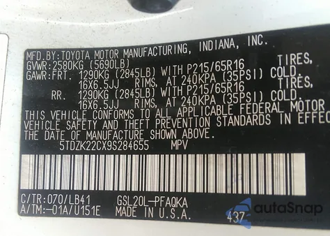 2009 Toyota Sienna Xle from USA, damaged, VIN 5TDZK22CX9S284655